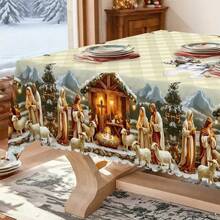 1/10/32 PIEZAS Manteles navideños de invierno, diseño de patrón de ovejas y Jesús - Manteles esenciales para festivales interiores y exteriores, reuniones familiares, decoraciones de mesa redonda/rectangular, decoraciones de ambiente navideño, regalos exquisitos