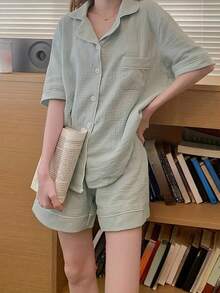 2pcs Women's Mint Green Loose Fit Short Pajama Set For Loungewear, Two Pieces Set - Mint Green - View 5