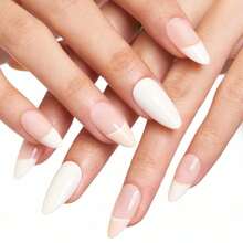 Creamy White Press On Nails Medium Almond, Nude Pink Beige Crush Jelly Gel False Nals, French Tip Stiletto Glue On Nails Kit For Women, Short Oval Stick On Acrylic Fake Nails Manicure Set,17114297 - 淺灰紫 - 查看 5