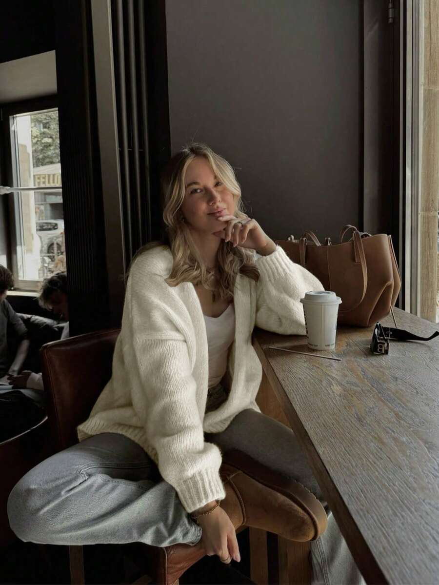 Women Regular Length V Neck Long Sleeve Button Cardigan With Pockets And Medium Stretch Fabric - Beige - View 1