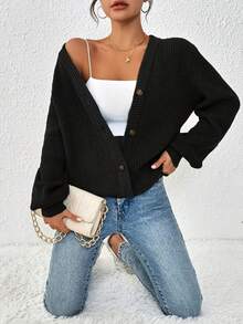 Women's Sweater - Simple Casual Front Button Design Soft Cardigan, Emerald Green Casual Fashion Sweater Ribbed Knitted, A Must-Have For All Seasons, Loose And Comfortable Fabric Long-Sleeved Top, V-Neck Design Front Button Breathable Material, Elegant Style For Daily Office Wear - 黑色 - 查看 4
