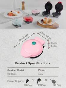 SCISHARE 1PC Wall Plug 350-watt 4-inch Mini Waffle Maker Machine for Individuals, Paninis, Hash Browns, & Other On the Go Breakfast, Lunch, or Snacks, with Easy to Clean, Non-Stick Sides,Pink Heart