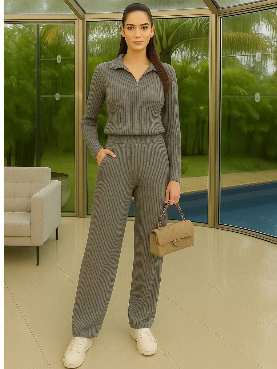 Conjunto Calça Reta Cintura Malha e Blusa Manga Longa com Ziper Frontal Meia Estação e Inverno  Ate o Plus Size Moda Casual