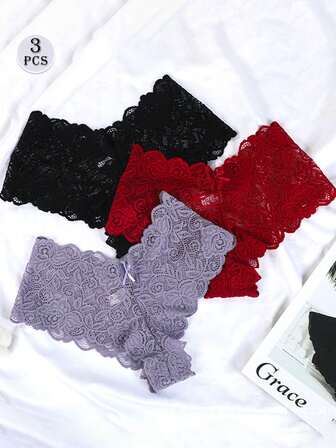 3pcs Women Lace Trim Sexy Bikini Panties