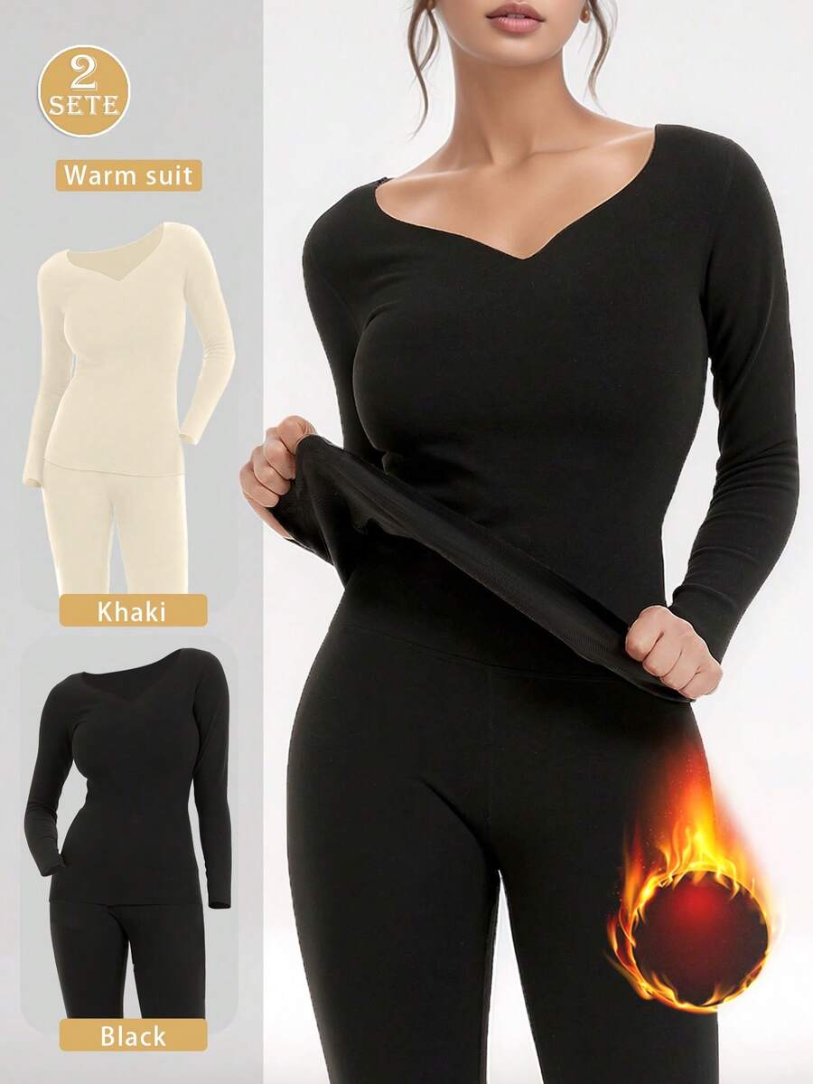 2 Sete Women's Solid Color High Elastic Thermal Underwear, Underwear Pajama Set, Cold Weather Close-Fitting Underwear Winter Underwear Winter Warmth, Wool Lined Thermal Underwear Set - 彩色 - 查看 1