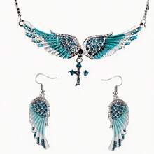 3pcs Angel Wing Pendant Necklace And Earring Jewelry Set, Inlaid Artificial Faux Gemstone Pendant, A Necklace Set Suitable For Parties And Gifts - Màu xanh lam - Xem 1