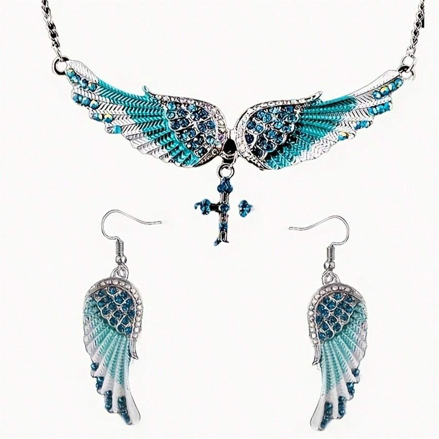 3pcs Angel Wing Pendant Necklace And Earring Jewelry Set, Inlaid Artificial Faux Gemstone Pendant, A Necklace Set Suitable For Parties And Gifts - Màu xanh lam - Xem 1