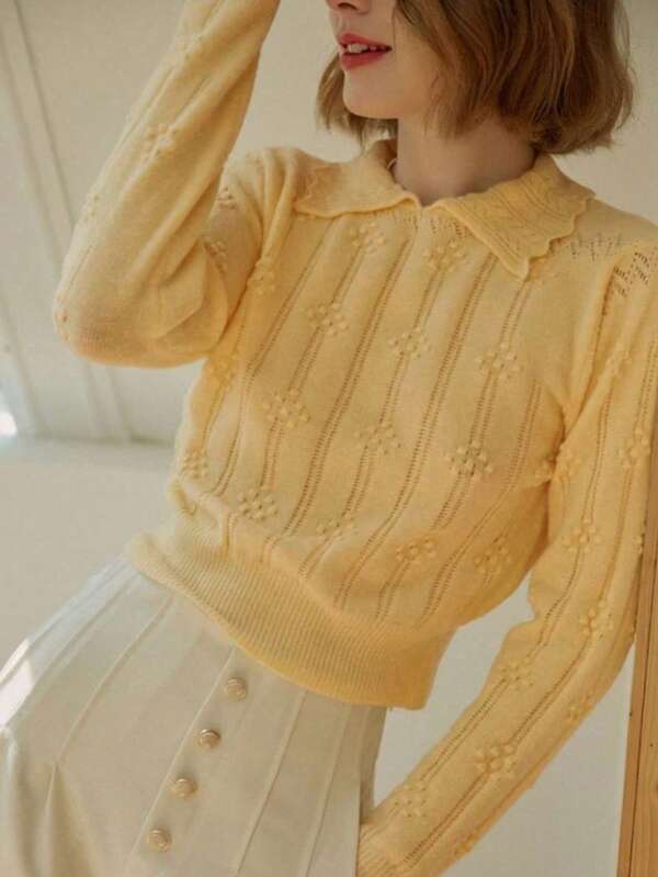 Suéter casual y lindo de manga larga con cuello para mujer, top básico para volver a la escuela, otoño