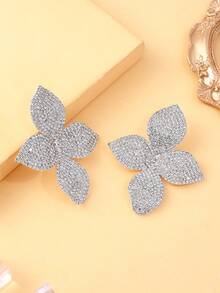 STONEFANS 2pcs Floral Rhinestone Earrings, Exaggerated Sparkly Earrings, Unique Personalized Accessories For Women - Silver - View 2
