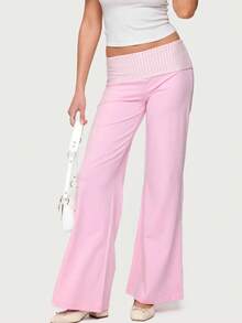 High-Waisted Flare Pants For Women - Vintage 70s Wide Leg Trousers With Roll-Up Hem , Casual/Office/Summer To Fall - 粉色 - 查看 2