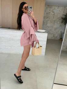 Vestido corto suelto de manga larga con cuello en V asimétrico y lazo, de unicolor y con estilo - Rosa - Ver 5