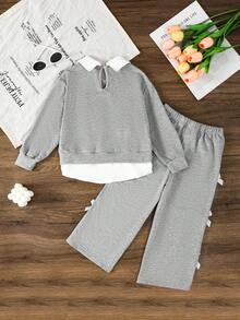 2pcs Back To School Girls' Spring/Autumn Lace Bow Collar Color Block Long Sleeve Top + Lace Bow Decor Pants Set, Fashionable Sporty Collegiate Style Outfit For Girls