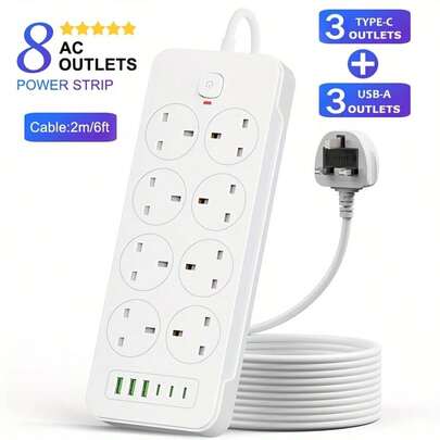 The New Multi-Functional Power Board/Power Socket/Strip Plug For 2025 Comes With 8 Sockets, Matched With (3 USB-A) (3 TYPE-C), 2m/6ft Extendable Power Extension Cable, Overload Protection, And 2 Color Sockets To Choose From, Suitable For Home And Office Use.