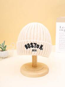 1 件儿童保暖针织帽，带 BOSTON 1630 刺绣标志，滑雪保暖翻边针织帽，适合男孩和女孩，秋冬