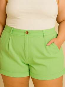 BrasOutlet Elegant Plus Size Women's Linen Shorts With Pockets, Casual Chic, Sizes G1 And G2 - Màu xanh Bạc hà - Xem 4