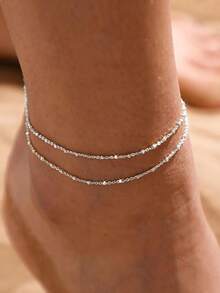 14K Gold Plated Multilayer Anklet Set For Women, Waterproof Cuban Chain Anklet, Multilayer Anklet Bracelet Set, Tarnish Resistant, Summer Beach Gold Jewelry Gift Silver Elegant Multilayer Anklet For Women - Silver - View 3