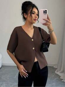 Áo len dệt kim tay ngắn cổ chữ V tối giản phong cách Âu Mỹ mùa hè mới về dành cho nữ, tốt nghiệp - Nâu 1 - Xem 3