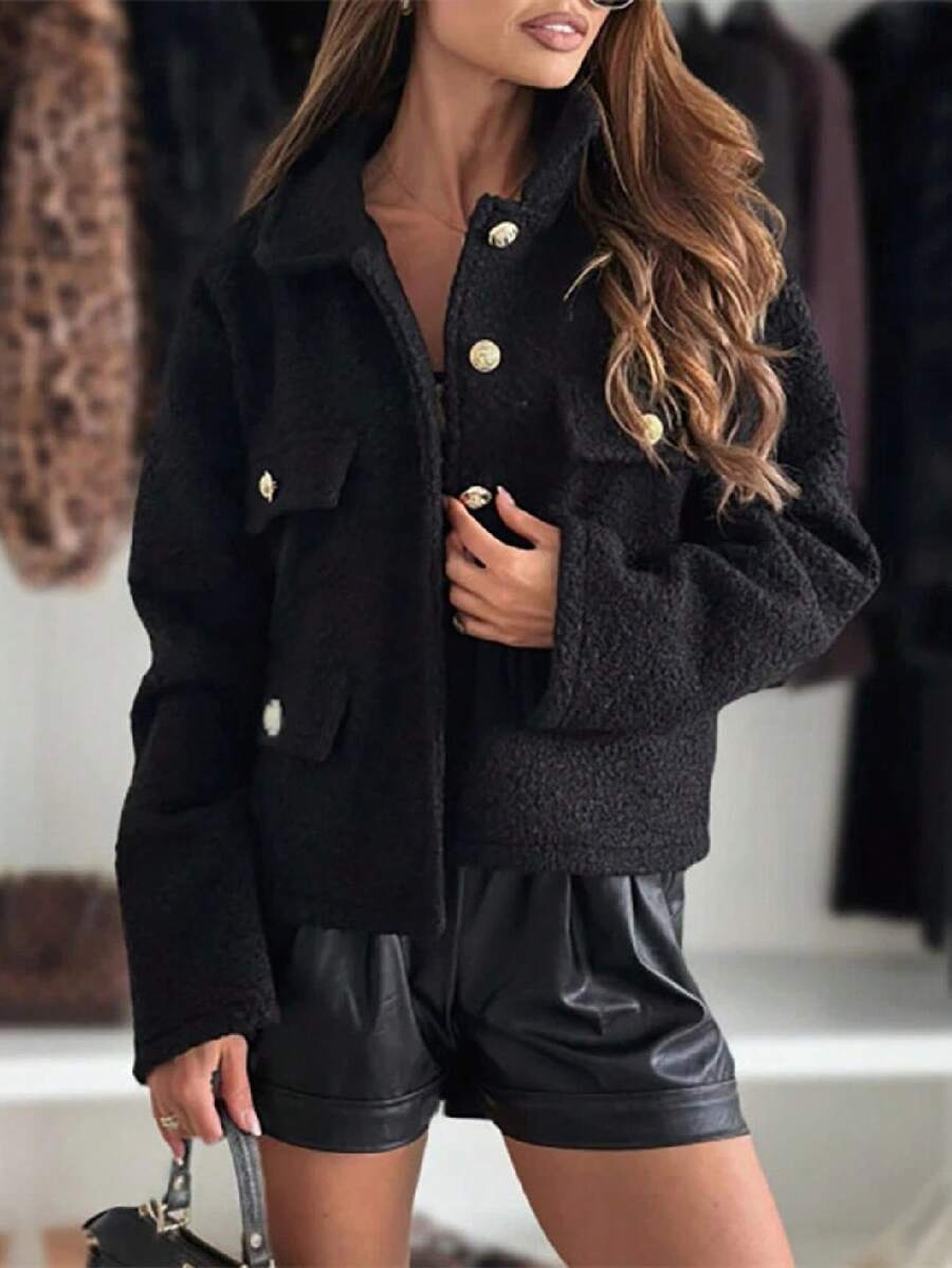 Women's Fashionable Lapel Collar Short Lamb Wool Cardigan Jacket, Fitted Silhouette, Long Sleeve, Winter - Black - View 1