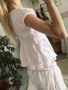 Women Summer Short-Sleeved T-Shirt Solid Color/Check Low-Necked Pleated Hem Casual Tops - 粉色 - 查看 6