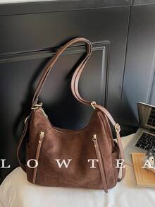 1 Túi đeo vai vải da lộn trơn màu Low Tea, Túi đeo vai thời trang cổ điển dành cho nữ, Túi đeo vai hình lưỡi liềm, Thiết kế quai xách trên cùng, Khóa kéo, Dây đeo có thể điều chỉnh để sử dụng một hoặc cả hai vai, Thích hợp cho du lịch, mua sắm, hẹn hò, Quà tặng cho phụ nữ, Tuyệt vời để đi làm, ngoài trời, du lịch, đi bộ đường dài - Cà phê - Xem 2