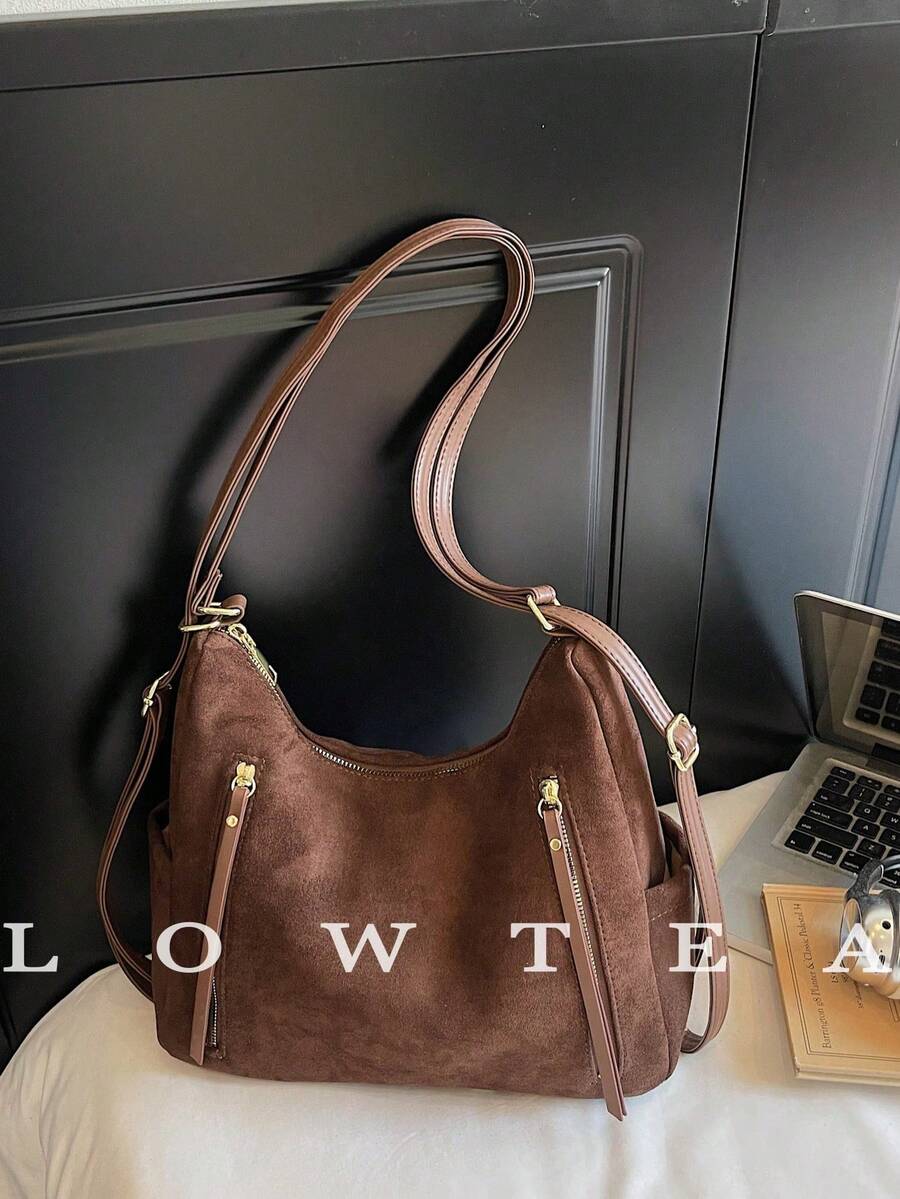 1 Túi đeo vai vải da lộn trơn màu Low Tea, Túi đeo vai thời trang cổ điển dành cho nữ, Túi đeo vai hình lưỡi liềm, Thiết kế quai xách trên cùng, Khóa kéo, Dây đeo có thể điều chỉnh để sử dụng một hoặc cả hai vai, Thích hợp cho du lịch, mua sắm, hẹn hò, Quà tặng cho phụ nữ, Tuyệt vời để đi làm, ngoài trời, du lịch, đi bộ đường dài