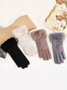 1 par de guantes de dedo completo de unicolor, elegantes y casuales, de poliéster con pantalla táctil, con forro cálido, de moda para mujer, para otoño/invierno