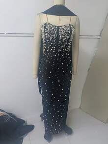 Beaded Decor Strapless High Slit Bandage Bridesmaid Dress, Holiday Party Tube Dress - Black - View 1