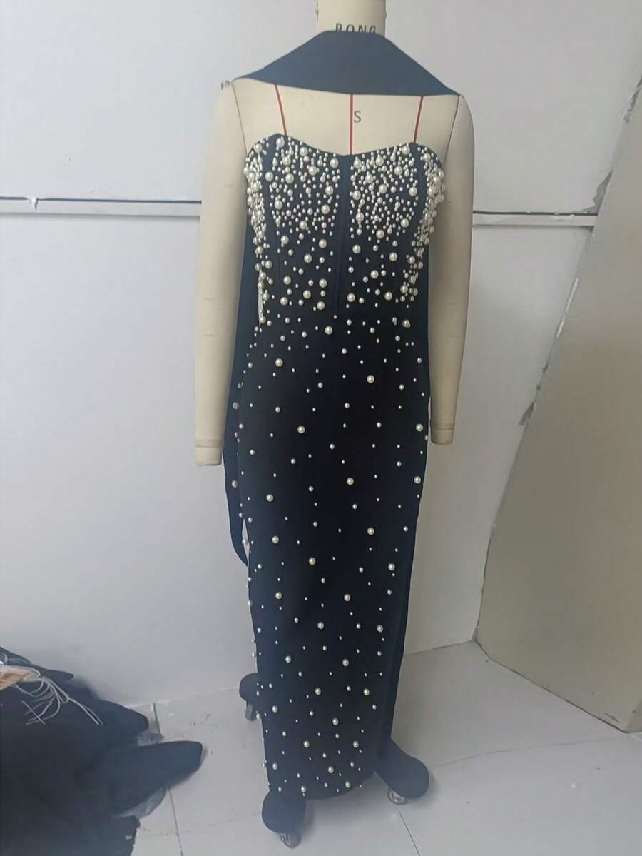 Beaded Decor Strapless High Slit Bandage Bridesmaid Dress, Holiday Party Tube Dress - Black - View 1