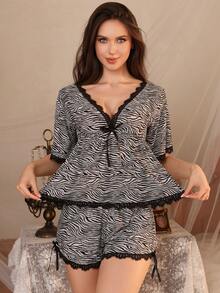 2pcs Women Sleepwear Pajama Set, Vintage Sexy Zebra Print Lace Patchwork, Ice Silk Fabric Slim Tie Front Top And Shorts, Fall Winter Clothes
