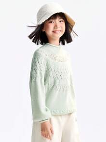 Annil Suéter de manga raglán de cuello medio con diseño de punto de cable Fair Isle cálido y dulce, diseñado para niñas mayores y adolescentes. - Verde - Ver 3