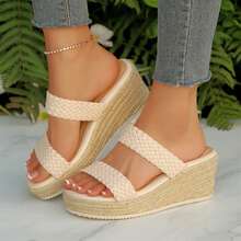 Womens High Heel Open Toe Wedge Sandals Slip On Comfortable Espadrilles Braided Straps Dressy Summer - 米色 - 查看 4