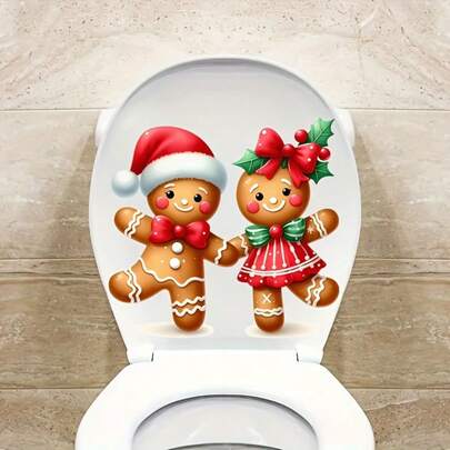 VINCAN 1 pieza, Adhesivo decorativo de hombre de jengibre festivo para inodoro, decoración de baño autoadhesiva de cerámica, cuadrada, semibrillante, reutilizable, fácil de aplicar y retirar, decoración de baño para ambiente navideño, decoración y accesorios navideños, regalos de Navidad, adornos navideños, Navidad 2025, decoración de pan de jengibre navideño