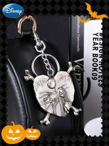 Disney 1/2PCS Officially Licensed Keychain Jack And Sally Heart Shape Couple Pendant Or Jack In Coffin Cartoon Bag Clip Collectible Keyring Accessories Fans Halloween Christmas Gift Anniversary Present - Silver Black - View 5