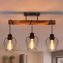 homefire Retro Ceiling Light Vintage Ceiling Lamp 3-Flame Wooden Living Room Lamp In Industrial Design With Height-Adjustable Spotlights Made Of Metal And Wood - Black - Socket: E27 - Without Bulb - 3 火焰 - 查看 6