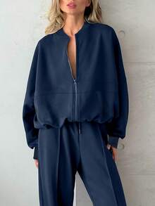 女士立领罗纹卫衣套装，宽松休闲风，舒适实用