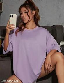 Women's Oversized Casual Drop Shoulder T-Shirt 100% Plain Cotton - 淡紫色 - 查看 1