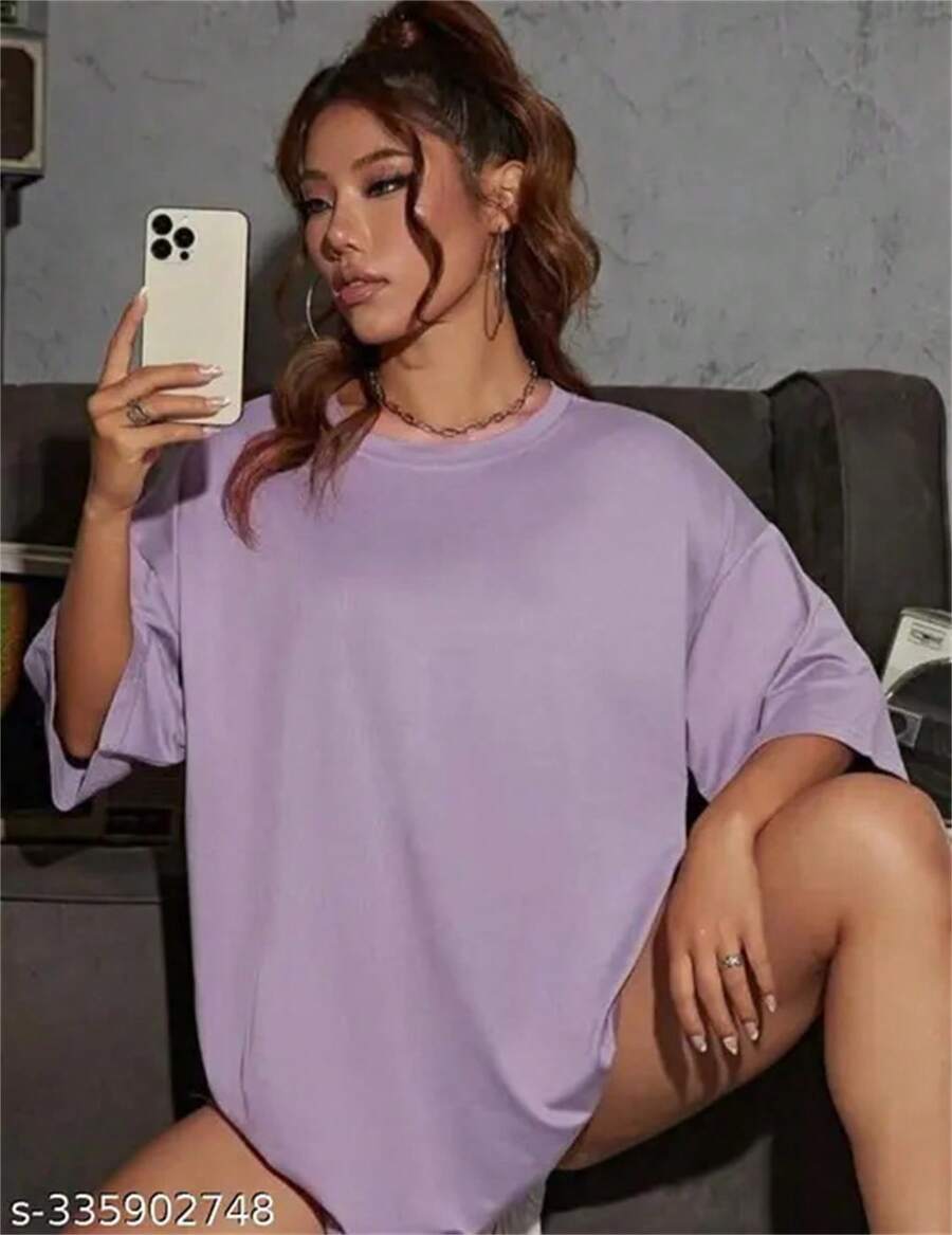 Women's Oversized Casual Drop Shoulder T-Shirt 100% Plain Cotton - 淡紫色 - 查看 1