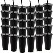 10/20/30/60 Pcs Black Reusable Plastic Cups With Straw And Lids,24oz Durable Cup Tumblers Iced Coffee Sippy Cup 710ml Large Bottle Travel Mug Party Bulk Cold Adults Parties Birthdays Housewarming Father's Day, Mother's Day Gifts - màu đen - Xem 2