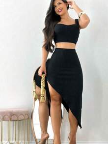 Women's Cropped Set And Skirt With Anaruga Slit - Black - View 1
