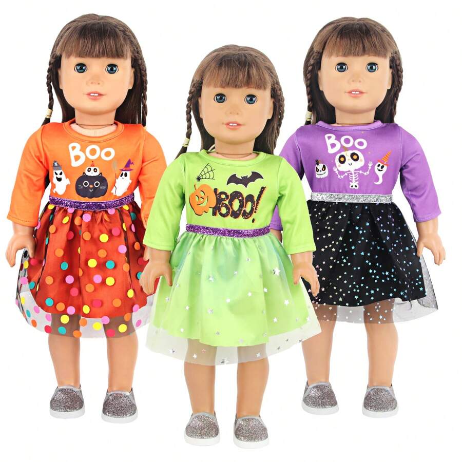 3 Sets Halloween Style DIY Doll Clothes, 18 Inch American Girl Doll Princess Dress, Great Gift For Girls On Halloween, Holiday, Birthday (Doll And Shoes Not Included), Fits Dress Up Games - Mixed Colors - View 1