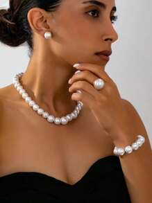 5pcs Fashionable Versatile Elegant Pearl Necklace, Earrings, Ring, Bracelet Jewelry Set, Women's Pearl Jewelry Set, Suitable For Wedding, Daily Wear, Best Gift - White - View 7