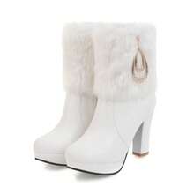 Fashionable For Women Warm Winter Ankle Boots Round Toe Chunky Heel Platform Booties With Side Zipper Dress Party Outdoor Halloween Christmas Snow Ankle Boots - trắng - Xem 3