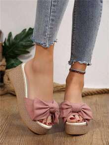 Suela gruesa, pendiente de sandalias, talón de moda femenina, nuevas zapatillas de verano, uso exterior y lazo de suela de pana de Fregona,Plataformas y sandalias de cuña para mujer - Rosa - Ver 2