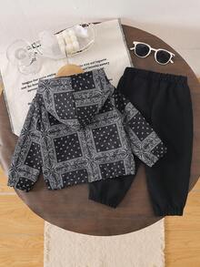 2pcs/Set Boys' Casual Paisley & Cashew Flower Print Hooded Zip-Up Jacket And Pants Set, Spring/Autumn - Black - View 2