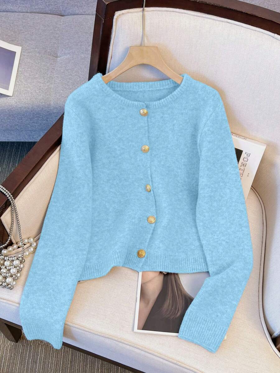 1pc Solid Color Front Button Round Neck Casual Loose Minimalist Metal Button Long Sleeve Sweater, Versatile Spring/Winter Tops For Women