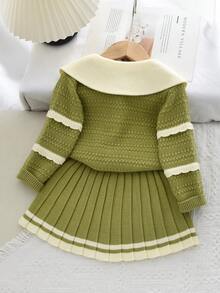 Casual Sweater Clothes Sets Winter And Fall Cute Flower Long Sleeves Flip Collar Single Breasted Cardigan And Pleated Skirt For Young Girls 2 To 6 Years Old - Green - View 2