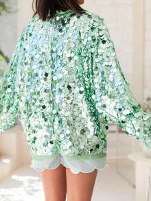 Women's Sequin Cardigan V Neck Front Wrap Tie Long Sleeve Beachwear Sparkling Tops - màu xanh lá - Xem 8