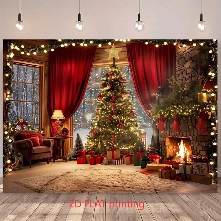 1 Christmas Party Banner Featuring A Background Design Of A Christmas Tree, Gifts, And A Fireplace; Suitable For Indoor And Outdoor Use, Holiday And Yard Decorations, Festive Party Settings, And Photography Backdrops. - Multicolor - View 1