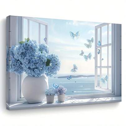 Blue Butterfly& Hydrangea Canvas Wall Art Wooden Framed Print, Nature-Themed Decor For Living Room, Bedroom, Kitchen& Office- Elegant Gift For Women, Housewarming& Holidays