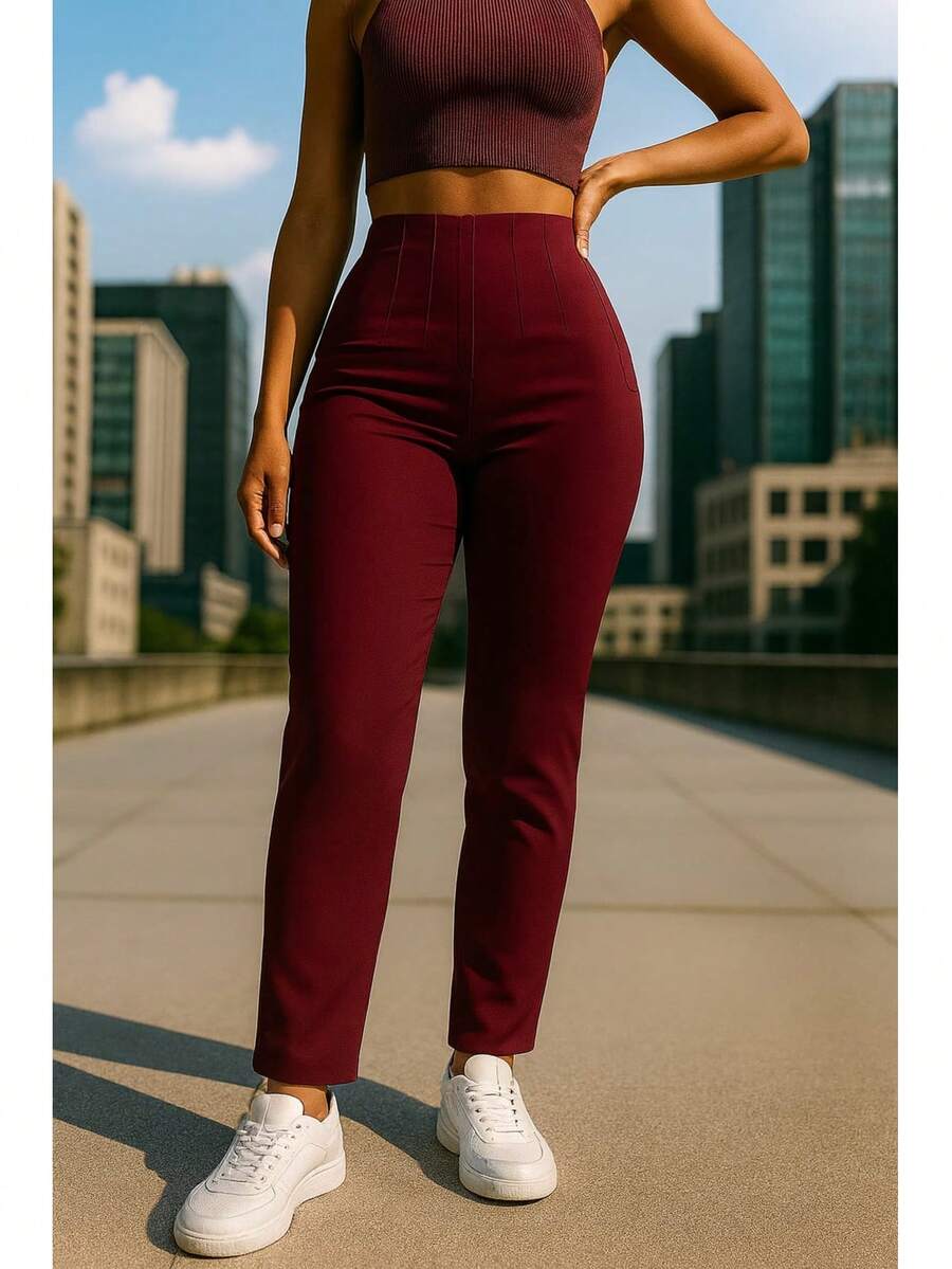Stretch Pleated Trousers For Women - 紫紅色 - 查看 1
